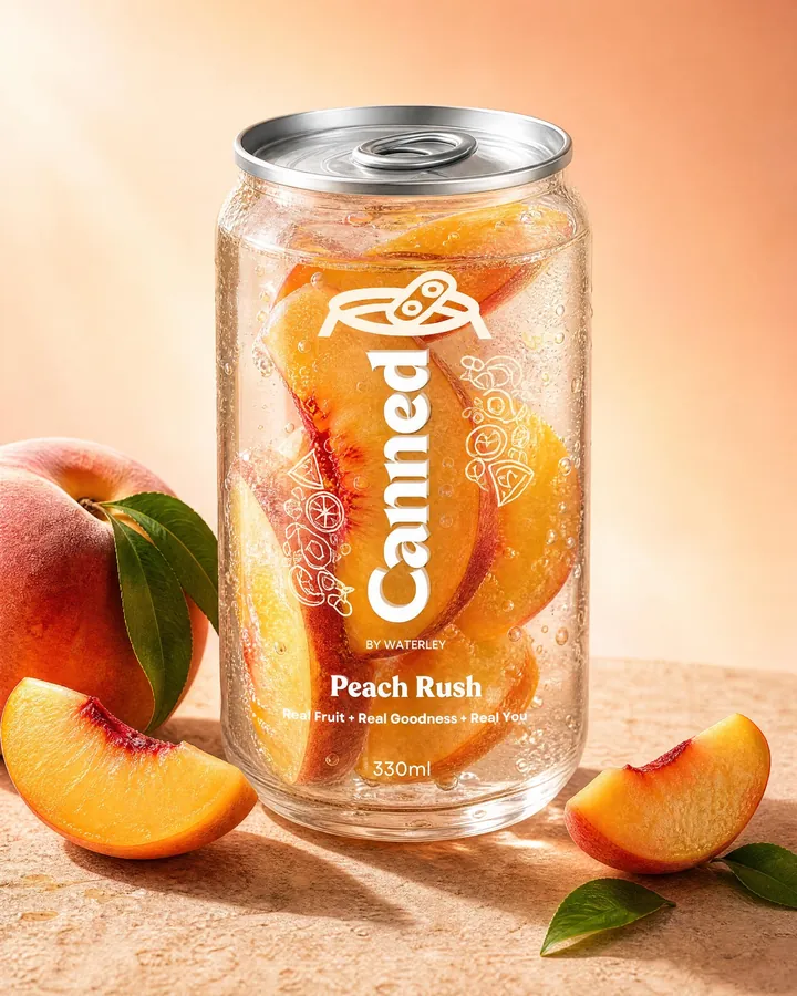 Canned by Waterley - Peach Rush — peach refreshment premium cold-sealed can in Lahore