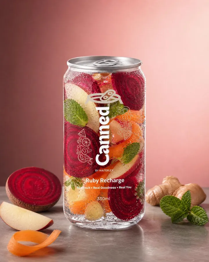 Canned by Waterley - Ruby Recharge — beetroot, apple, carrot, ginger, mint premium cold-sealed can in Lahore